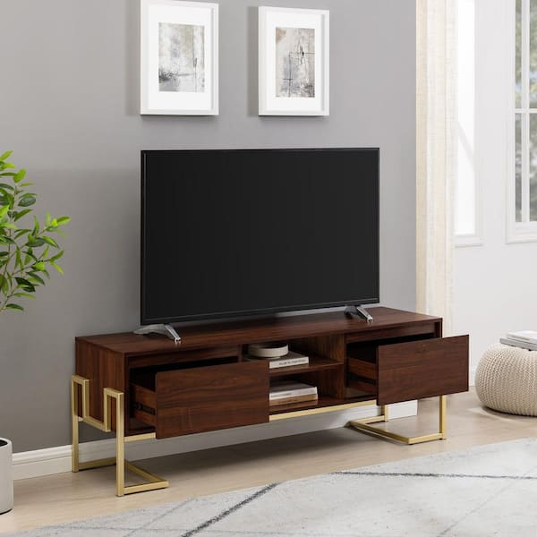 60 in. Modern Dark Walnut Wood TV Stand with 2 Drawers and Removable Shelf (Max TV Size 65 in.)