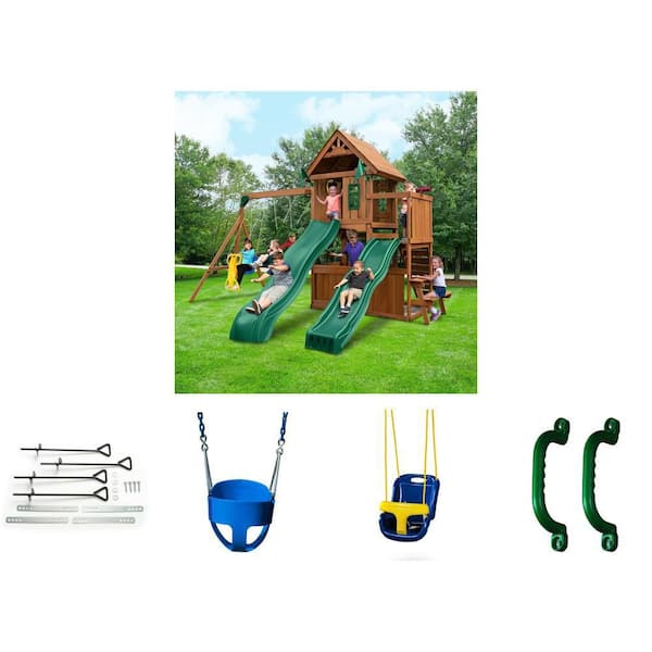 Knightsbridge Deluxe Playground Set with Swings, Slides, Rock Wall, Ground Anchors, and Safety Handles (2-Set)