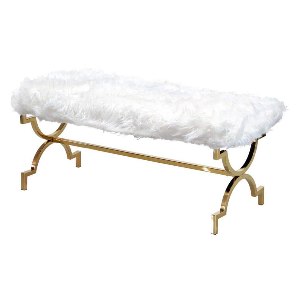 Best Master Furniture Oberon White Faux Fur Accent Bench 18.5 in. H x