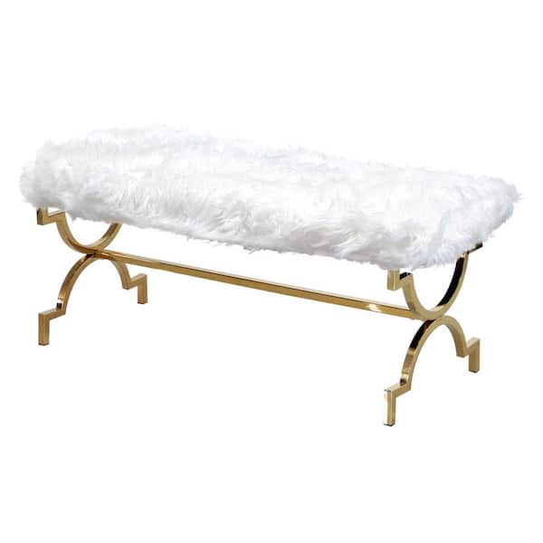 Best Master Furniture Oberon White Faux Fur Accent Bench 18.5 in. H x 39.5 in. W x 17.5 in. D