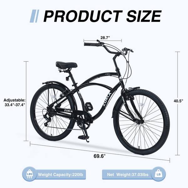 Sudzendf 26 in. Adult Black 7 Speed Beach Cruiser Bicycle