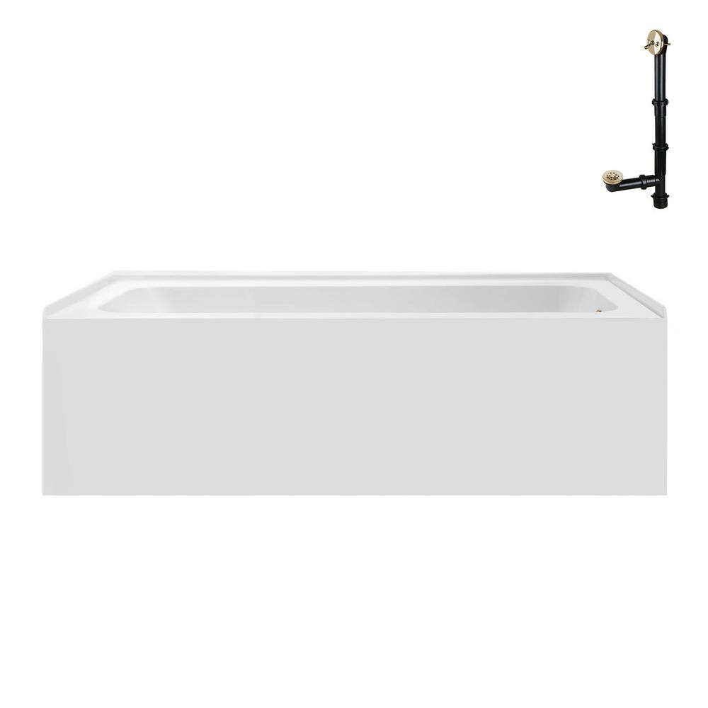 Glossy White Acrylic Rectangular Alcove Bathtub with Polished Brass Drain