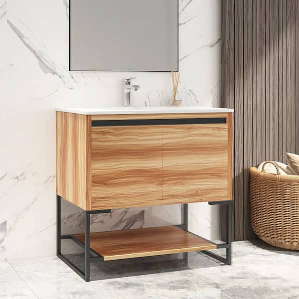 tunuo 32 in. W x 18.3. in D. x 35 in. H Bath Vanity in Natural with White Ceramic Top with White Sink