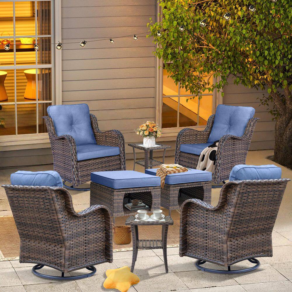Brown 8-Piece Wicker Patio Conversation Set Swivel Rocking Chairs Patio Ottomans with Denim Blue Cushions price history on PriceWatchPro