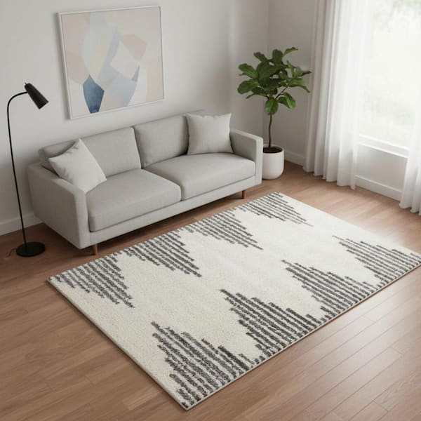 Cream 5 ft. x 8 ft. Woven Geometric Rectangle Indoor Area Rug