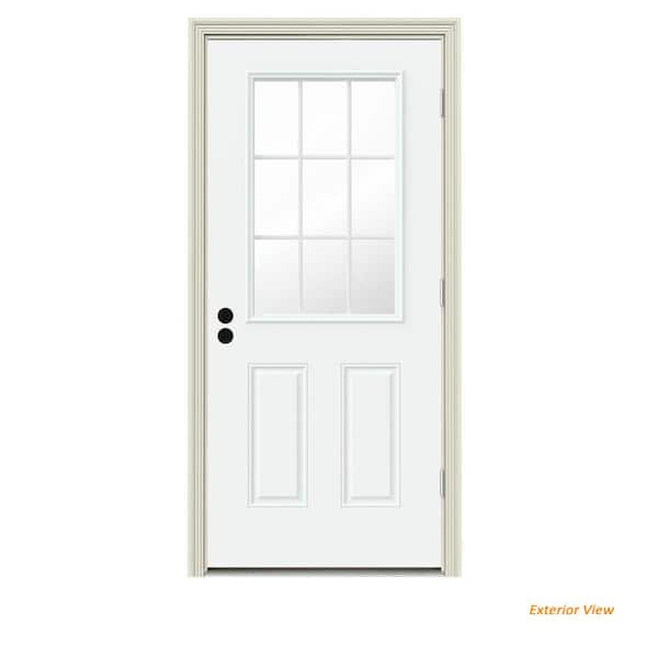 JELD-WEN 30 in. x 80 in. 9 Lite White Painted Steel Prehung Left-Hand Outswing Entry Door w/Brickmould