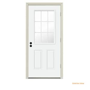 30 in. x 80 in. 9 Lite White Painted Steel Prehung Left-Hand Outswing Entry Door w/Brickmould