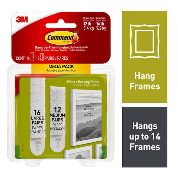 Command Medium and Large Picture Hanging Strips, White, Damage Free Decorating, 12 Medium Pairs and 16 Large Pairs