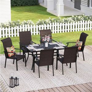 7-Piece Black Metal Patio Outdoor Dining Set with Rectangle Table and Brown Rattan High Back Wave Arm Chairs