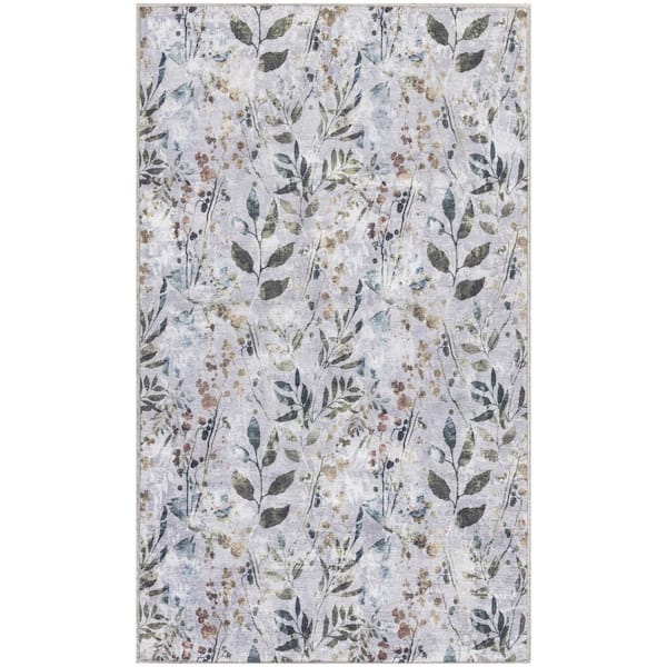 3 ft. x 5 ft. Gray and Blue Floral Power Loom Washable Non Skid Area Rug