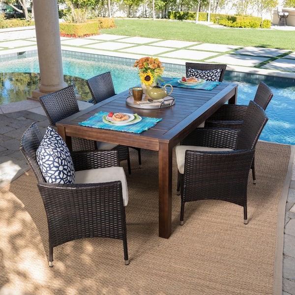 Multi-Brown 7-Piece Iron Rectangular Outdoor Patio Dining Set with Beige Cushion