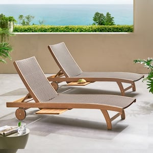 Wood and Wicker Banzai Chaise Lounge with Pull-Out Tray and Wheels, Brown