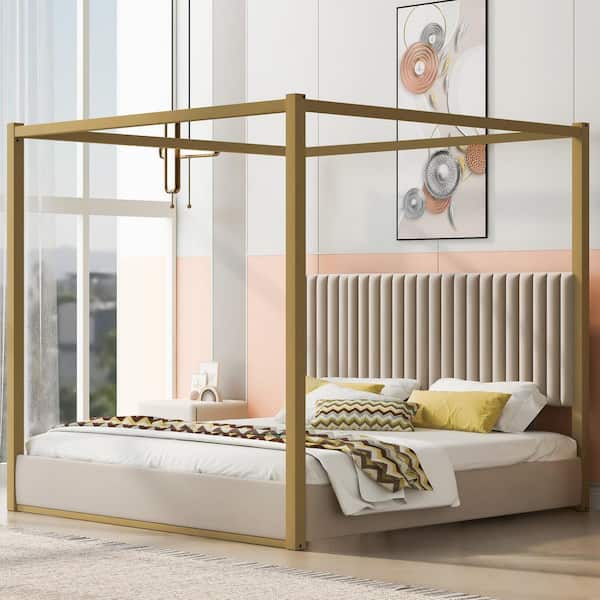Channel-Tufted Beige and Gold Metal Frame King Size Velvet Upholstery Canopy Bed with Foam-Filled Headboard