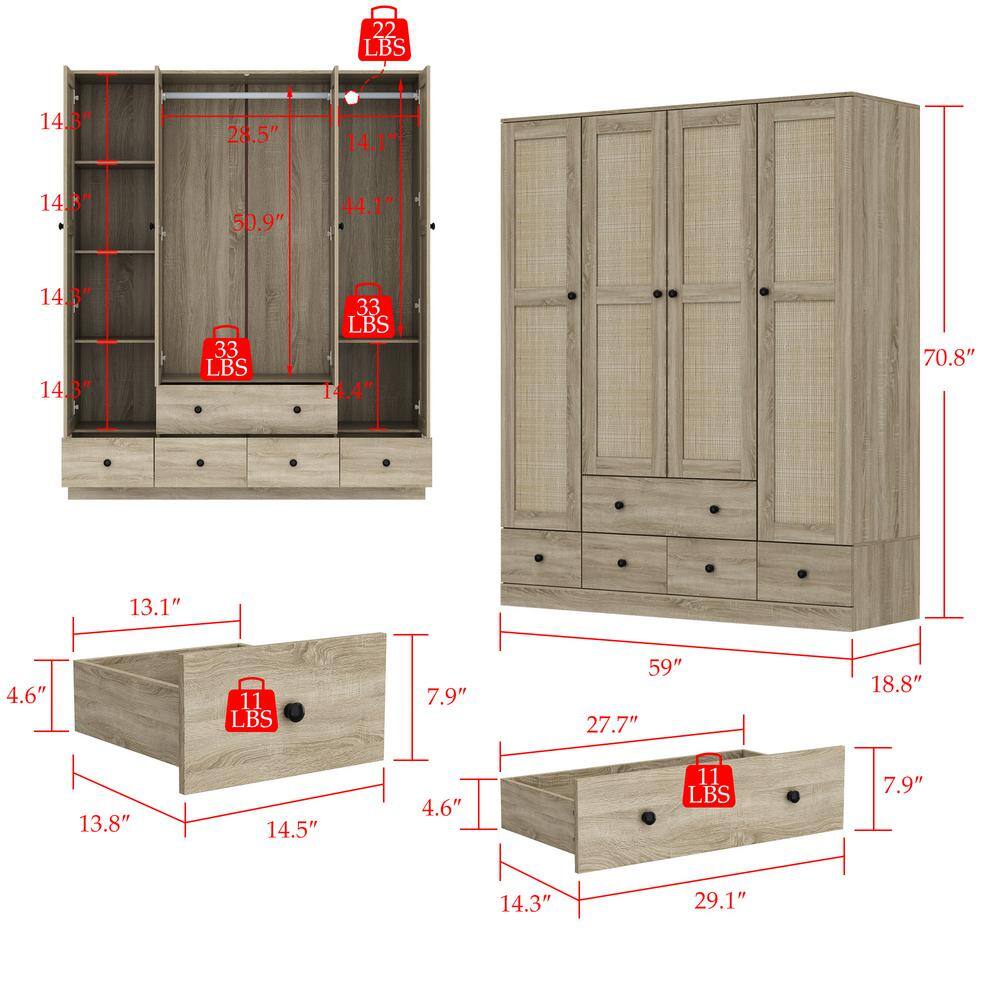 Brown Wood Grain 59 in. W Rattan Doors Design Armoires Wardrobe with 5-Drawers, 2-Hanging Rods (70.8 in. H x 18.8 in. D) - thumbnail 9
