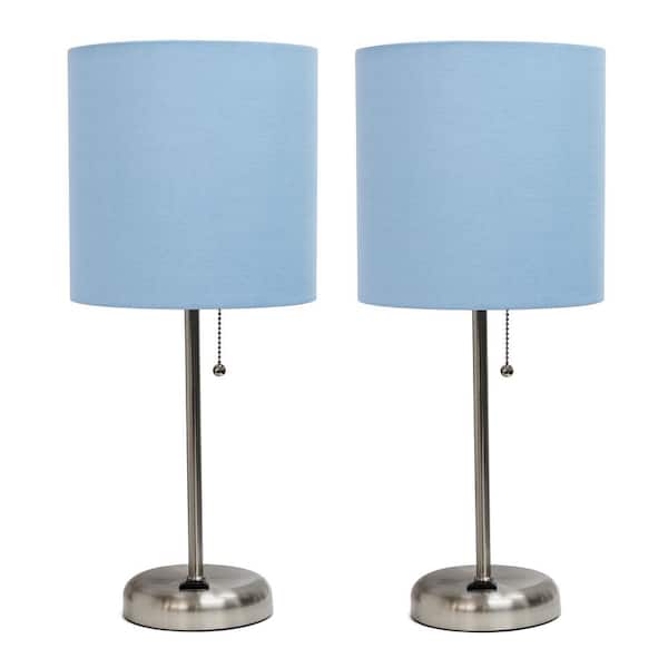 Creekwood home 19.5 in. Contemporary Bedside Duo, Brushed Steel Table Lamp 2-Pack Set with Power Outlet, Blue Shades