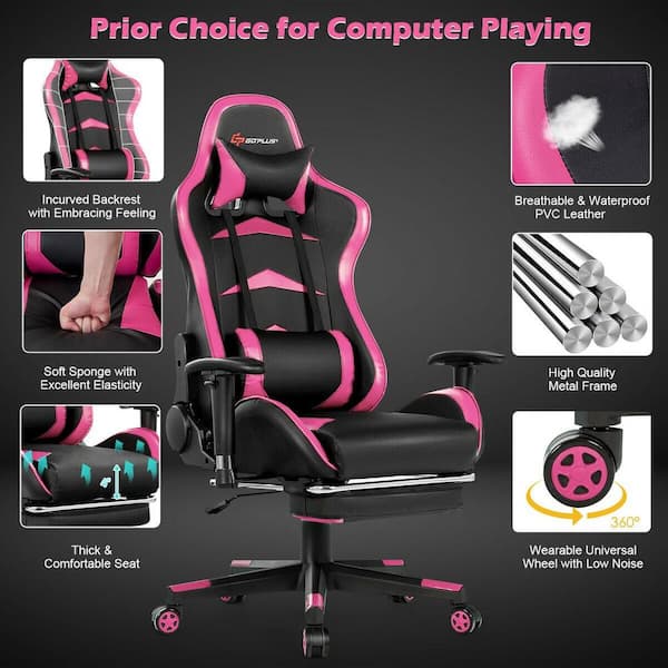 EDWELL Adjustable Reclining Ergonomic Faux Leather Swiveling PC & Racing  Game Chair with Footrest in Pink