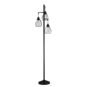 Mousse 69 in. 3-Light Tree Floor Lamp with Matte Black Finish and Hanging Steel Cage Shade