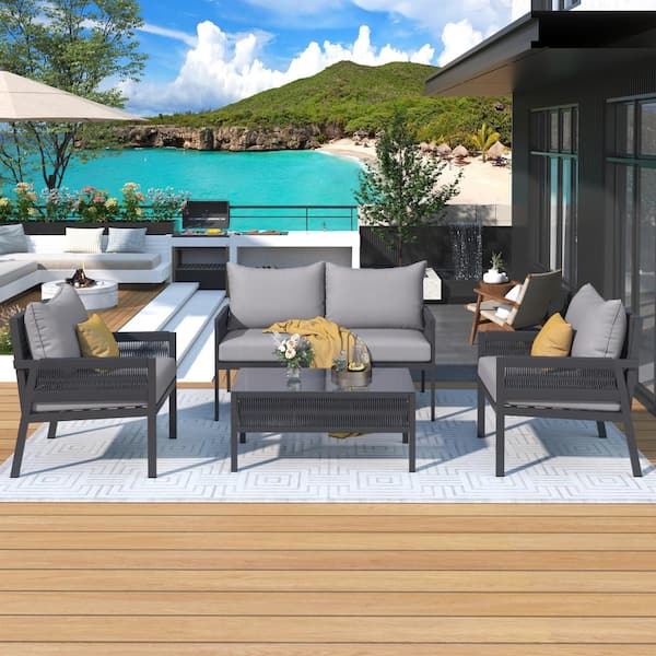 Unbranded 4-Piece Grey Cushion with Tempered Glass Table Patio Conversation with Thick Cushion for Backyard Porch Balcony
