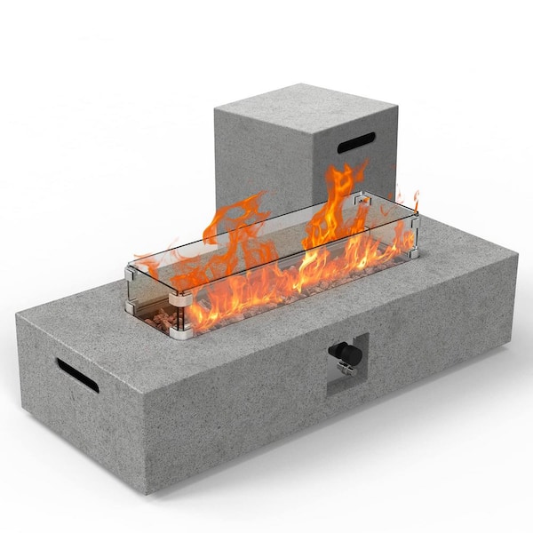 Zeus & Ruta 56 in. 50,000 BTU Large Gray Rectangle Composite Fire Pit Table with Glass Wind Guard and Water-Resistent Cover