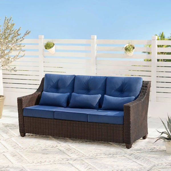 Spruce & Spring Thaddeus 74 in. Flared Arm Fabric Wicker Straight Oversized Rectangle 3-Seater Sofa Couch in Blue,Weather Resistant