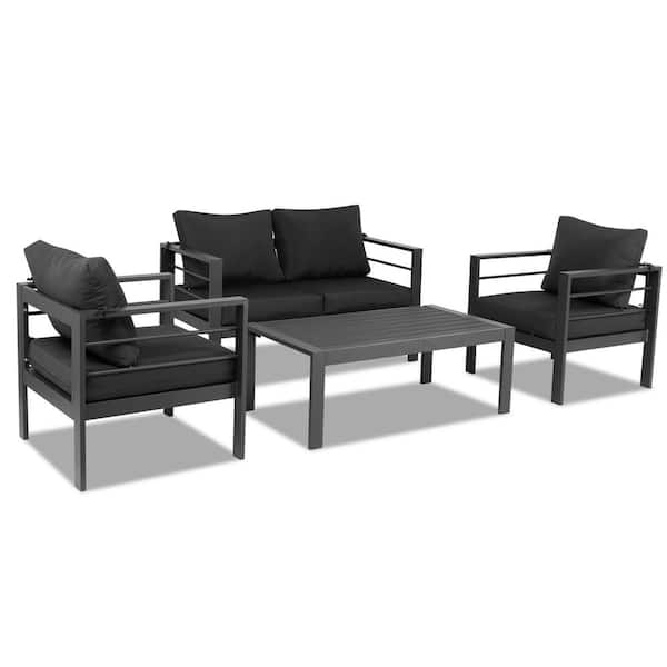 Winado Dark Gray 4-Piece Aluminum Patio Conversation Set with Dark Gray Cushions