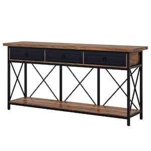 Turrella 70.8 in. Brown and Black Rectangle MDF Sofa Console Table with 3-Drawers and Shelf for Entryway