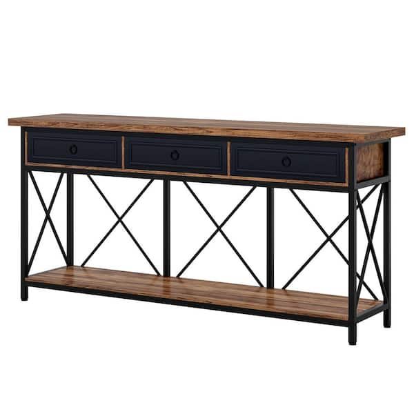BYBLIGHT Turrella 70.8 in. Brown and Black Rectangle MDF Sofa Console Table with 3-Drawers and Shelf for Entryway