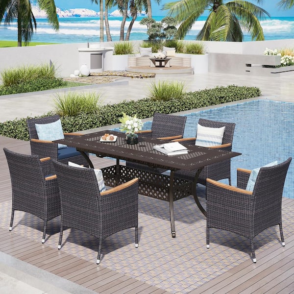 PHI VILLA Black 7-Piece Cast Aluminum Patio Outdoor Dining Set with Rectangular Table and Rattan Chairs with Blue Cushion