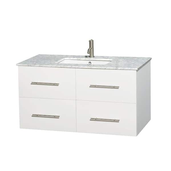 Wyndham Collection Centra 42 in. Vanity in White with Marble Vanity Top in Carrara White and Undermount Sink