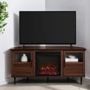 53.88 in. Angled-Side Electric Fireplace Corner TV Stand With 2 Adjustable Shelves in Dark -Wattalnut