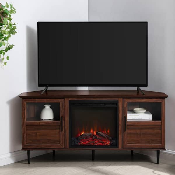 ToolCat 53.88 in. Angled-Side Electric Fireplace Corner TV Stand With 2 Adjustable Shelves in Dark -Wattalnut