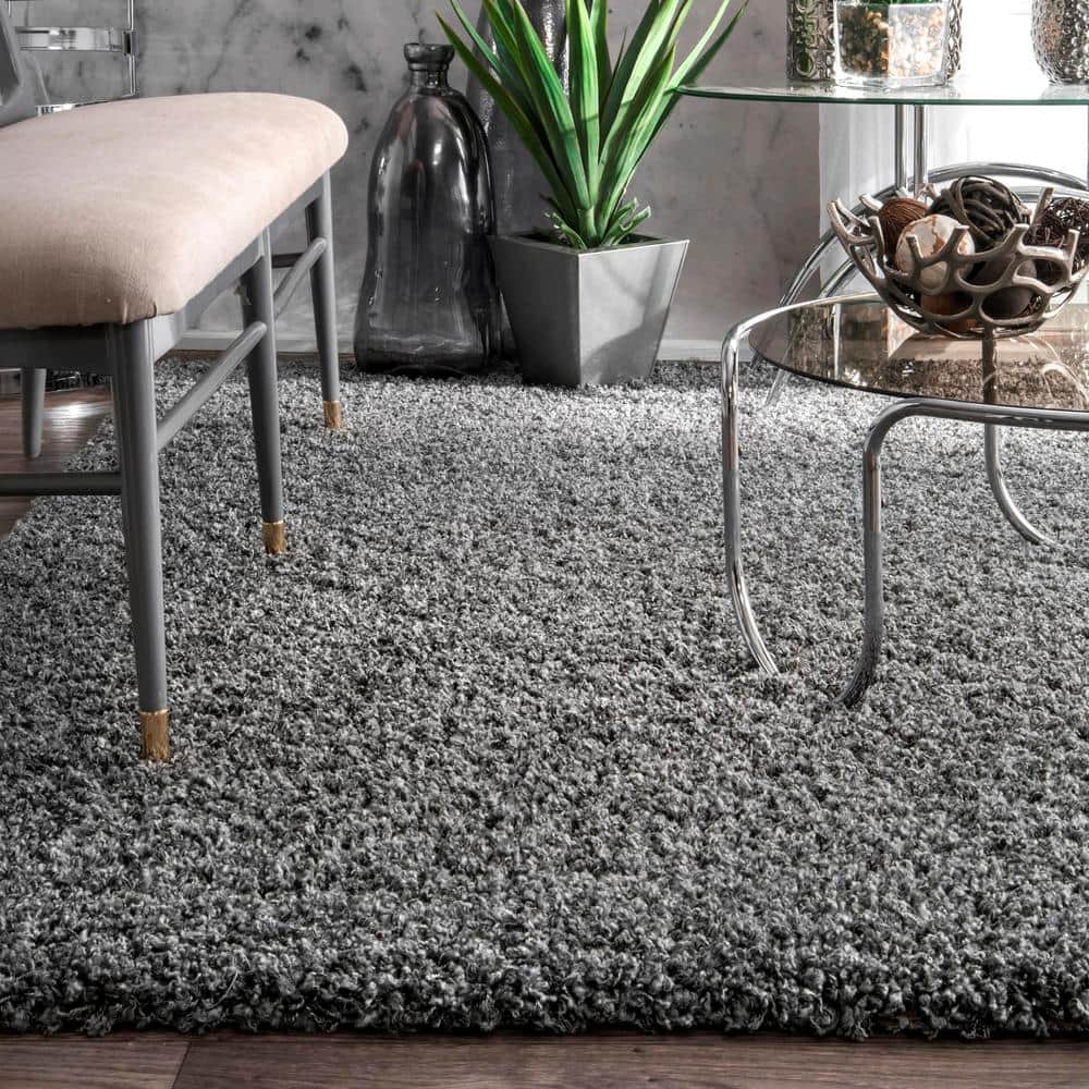 Luxurious Gray Shag 10' x 14' Synthetic Area Rug for High-Traffic Spaces
