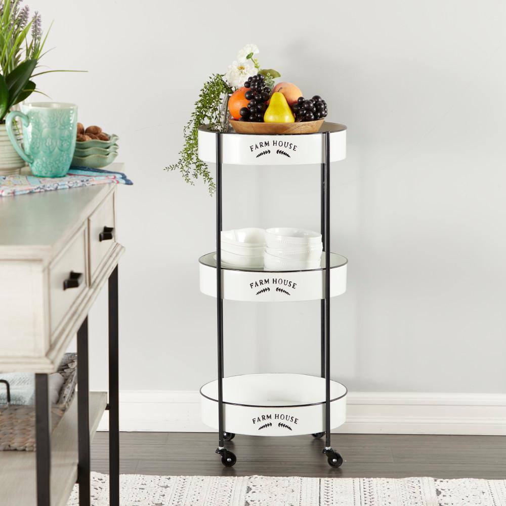 White and Black Metal 3-Tier Farmhouse Rolling Storage Cart