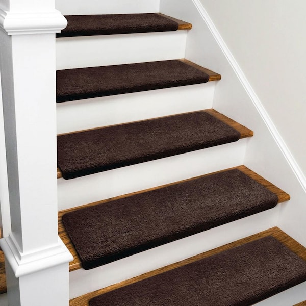 Dark Brown 9.5 in. x 30 in. x 1.2 in. Plush Bullnose Indoor Stair Tread Cover Carpet Self Adhensive Mat (Set of 12)