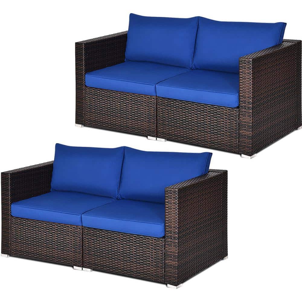4PCS Rattan Corner Sofa Set Patio Outdoor Furniture Set w/Navy Cushions price history on PriceWatchPro