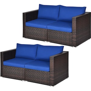 4PCS Rattan Corner Sofa Set Patio Outdoor Furniture Set w/Navy Cushions