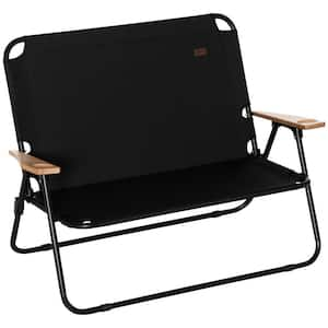 Black Metal Outdoor Chaise Lounge, Folding Camping Chair for 2 Adults, Camping Couch with Wood Armrest and Cupholders