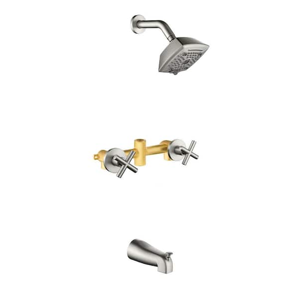 2 Handle 6-Spray Wall Mount Tub and Shower Faucet 1.8 GPM Tub Shower System with Ceramic Disc Valves Brushed Nickel