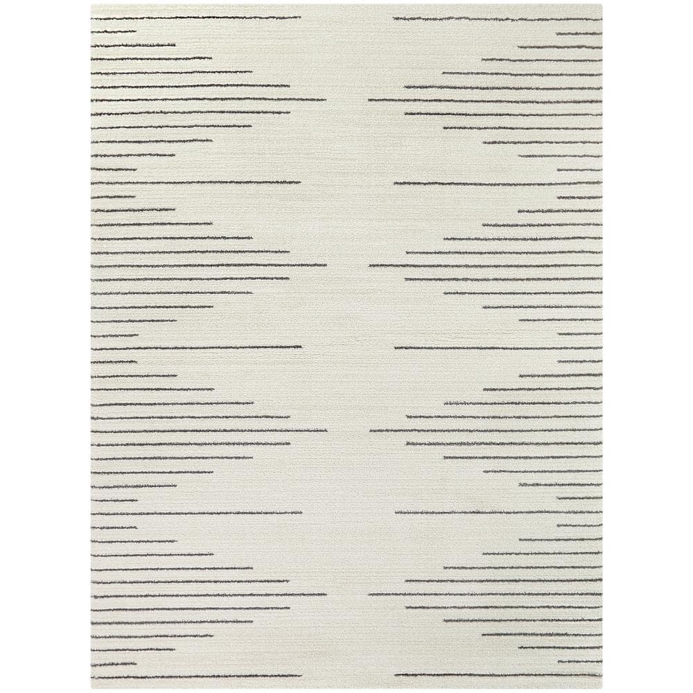Cream and Gray Synthetic Stripe 9' x 12' Area Rug
