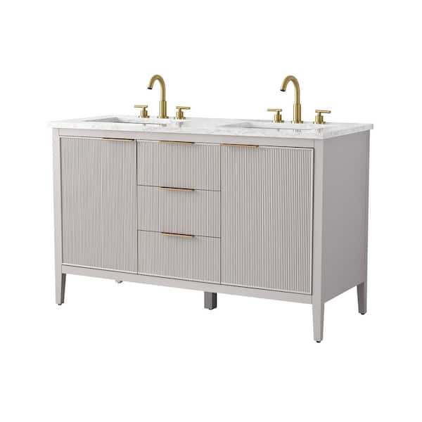 Emma 54 in. W Bath Vanity in Taupe with Engineered Stone Top in Arabescato with White Sinks