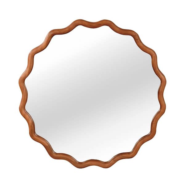 Yellowish Brown 30 in. W x 30 in. H Wavy Round Solid Wood Frame Decorative Mirror, for Bedroom, Living Room, Entryway