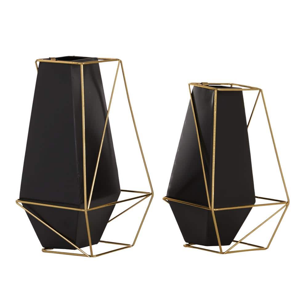 Eclectic Black and Gold Metal Geometric Vase Duo
