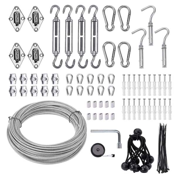 Angel Sar 123-Piece 6 in. Shade Sail Hardware Kit with 65.5 ft. 1/8 in. Wire Rope Kit for Outdoor Garden, Silver