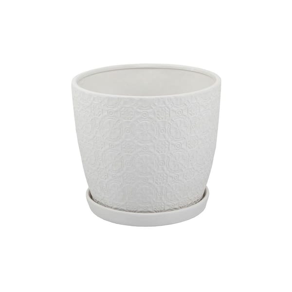10 in. Chrysanthemum Medium White Textured Ceramic Pot (10 in. D x 9.3 in. H) with Attached Saucer