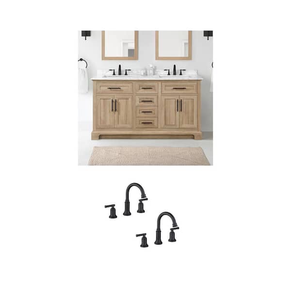 Doveton 60 in. Double Sink Weathered Tan Vanity with White Marble Top and Oswell Matte Black Faucet (2-Pack)