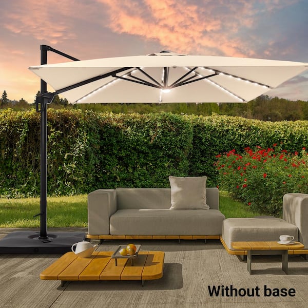 10 ft. Aluminum Pole Cantilever Solar LED Patio Umbrella 360° Rotation and Infinite Canopy Angle Adjustment in Sand