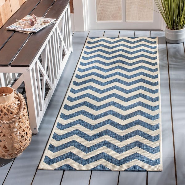 Courtyard Navy/Beige 2 ft. x 12 ft. Geometric Indoor/Outdoor Patio  Runner Rug