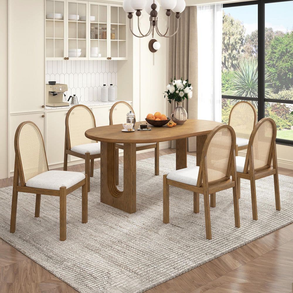 Harper & Bright Designs 7-Piece Oval Light Brown Wood Top Dining Table ...