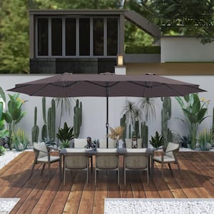 15 ft. Steel Market Patio Umbrella Double-Sided Twin Large Patio Umbrella with Base in Brown