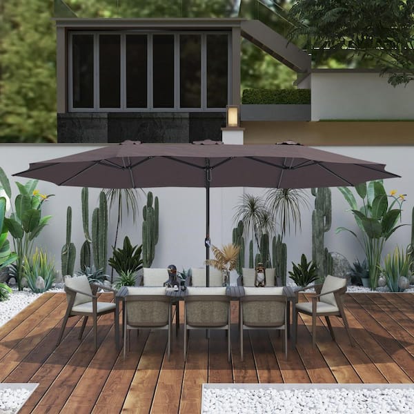 Unbranded 15 ft. Steel Market Patio Umbrella Double-Sided Twin Large Patio Umbrella with Base in Brown